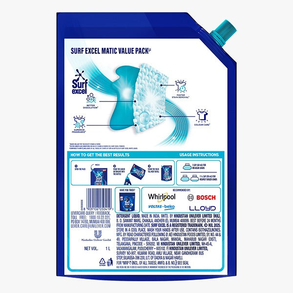 Surf Excel Matic Top Load Liquid Detergent Refill Pouch 1L
