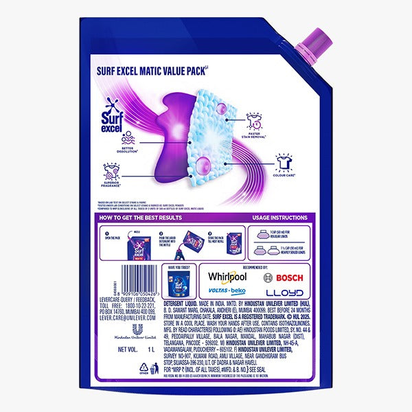 Surf Excel Matic Front Load Liquid Detergent Refill Pouch 1L